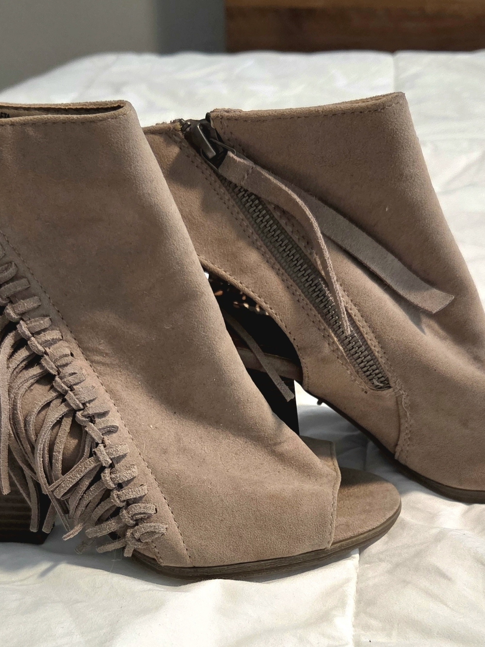 Sugar Taupe Fringe Suede Peep-Toe Ankle Booties Western Chic